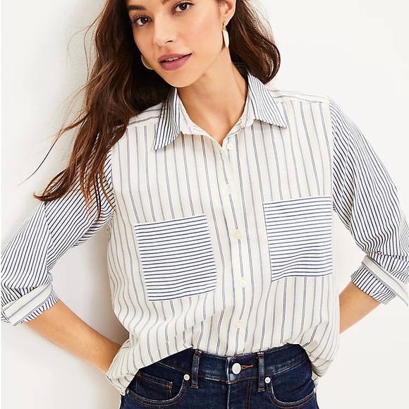 Loft Striped Everyday Shirt in Blue and White size XL - Picture 4 of 12